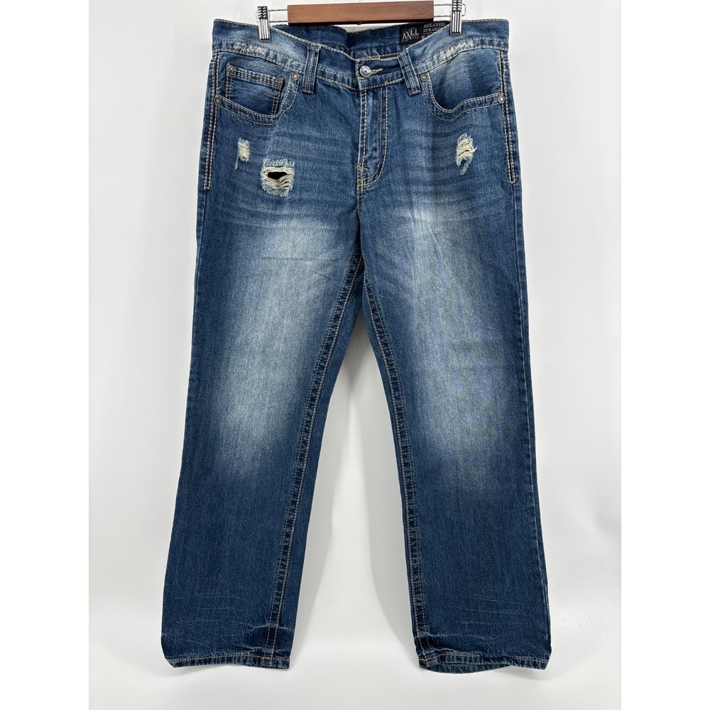 TK Axel Straight‎ Leg Jeans Mens Blue Denim Distressed Relaxed Fit 36x32